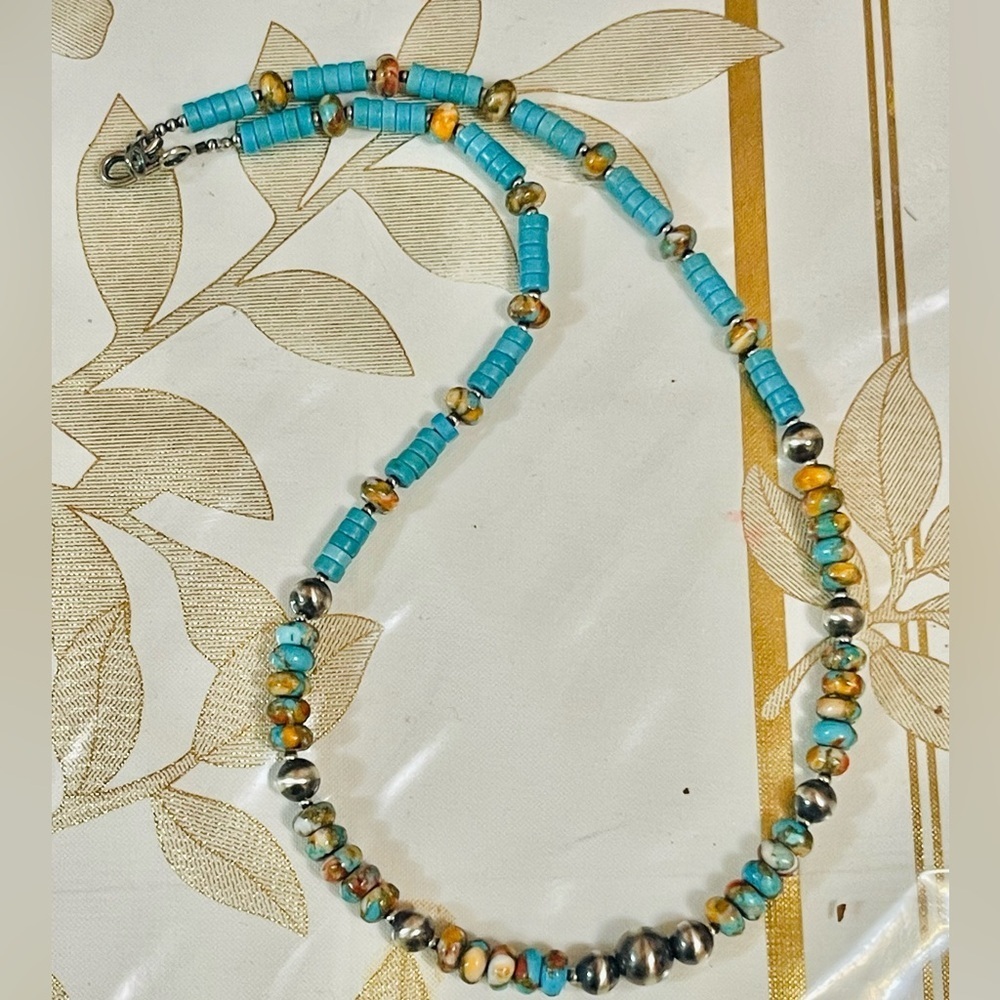VTG Native American Sterling Spiny Oyster Turquoise Pearl Beads Necklace 16.5”